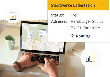 Eine Person bedient einen Laptop, mit einem exemplarischen SmartMaps Monitor der Standorte von E-Auto-Ladestationen. Daneben ein vergrößertes Anzeigefenster mit weiteren Details zu einem ausgewählten Standort sowie ein Icon eines Schlosses und ein Icon eines wachsenden Balkendiagramms zur sicheren, individuellen Datenauswertung.