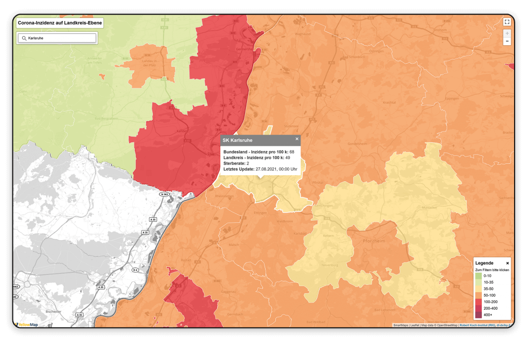 SmartMaps Monitor mit einem Kartenausschnitt von Baden-Württemberg und Rheinland-Pfalz zur Corona-Inzidenz auf Landkreis-Ebene. Ein Anzeigefenster zeigt weitere Details eines ausgewählten Stadtkreises.