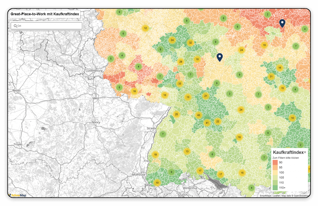 SmartMaps Monitor mit einem Kartenausschnitt von Südwestdeutschland, der den Kaufkraftindex auf Ebene der fünfstelligen Postleitzahlgebiete anzeigt.