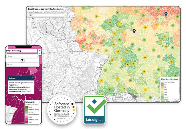 Bildschirmansicht zweier SmartMaps-Monitore: links auf einem mobilen Endgerät ein Pollenflug-Monitor, rechts auf einem Bildschirm ein Kaufkraftindex-Monitor. Zudem sind die Siegel ‚Software Hosted in Germany‘ und ‚fair.digital‘ zu sehen.