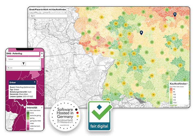 Screenshot mit Heatmap und Siegel Software made & hosted in Germany sowie fair.digital als Beispiel für Versicherungen mit Schadensfällen gelöst mit der Lösung SmartMaps Monitor