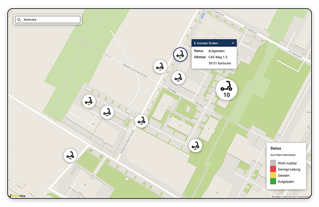 Exemplarischer SmartMaps Monitor mit einem Kartenausschnitt des CAS-Campus, auf dem die Standorte von E-Scootern angezeigt werden. Ein Anzeigefenster zeigt weitere Details eines ausgewählten E-Scooters. 