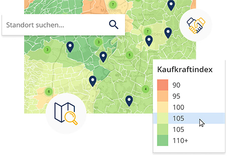 SmartMaps Kartenausschnitt von Baden-Württemberg, der den Kaufkraftindex auf fünfstelliger Postleitzahlebene mit zugehöriger Legende zeigt. Neben der Karte befinden sich eine Suchleiste, ein Icon einer Karte mit Lupe und ein Icon eines Handschlags für die zuverlässige Datenvisualisierung.