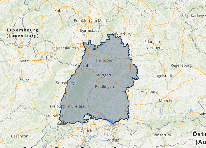 SmartMaps Kartenausschnitt von Süddeutschland mit eingezeichneter Grenze des Bundeslandes Baden-Württemberg.