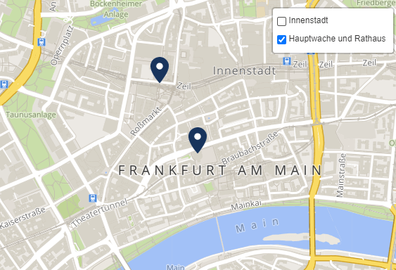 SmartMaps Kartenausschnitt von Frankfurt am Main mit zwei markierten Standorten. Eine Legende ermöglicht das Ein- und Ausblenden der dargestellten Standorte.