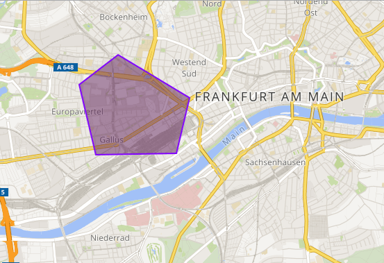 SmartMaps Kartenausschnitt von Frankfurt am Main mit einem eingezeichneten GeoJSON-Objekt. 
