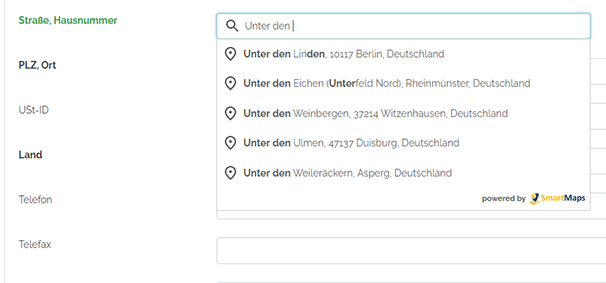Bildschirmansicht einer exemplarischen Adresseingabeunterstützung mit SmartMaps Autocomplete, die Vorschläge zur Vervollständigung einer eingegebenen Adresse anzeigt.