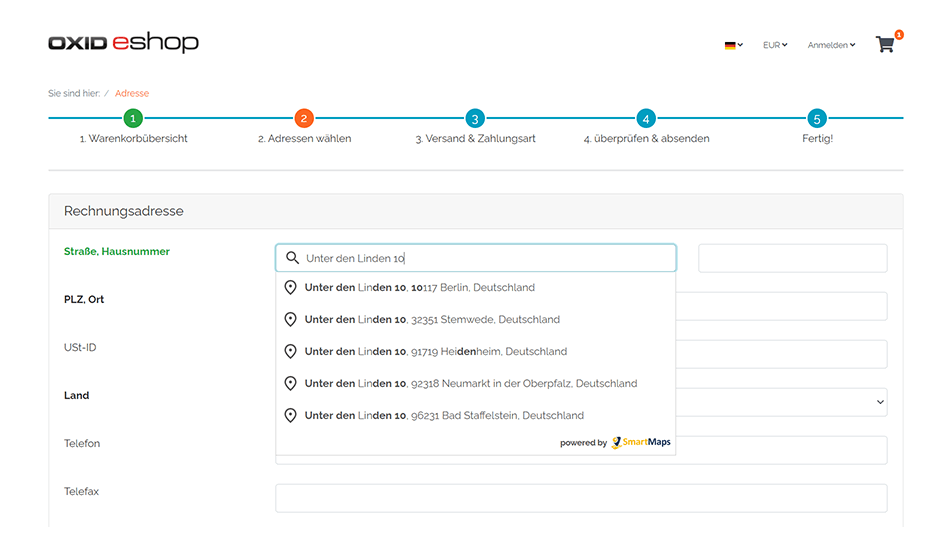 Eingabe der Rechnungsadresse im Checkoutprozess des OXID eshops mit Adressvervollständigung durch SmartMaps Autocomplete. 