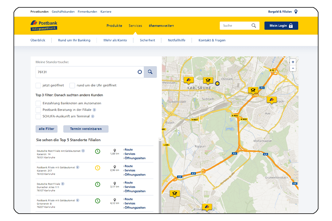 Bildschirmansicht einer SmartMaps Filialsuche der Postbank im Kartenausschnitt von Karlsruhe und Ergebnisliste der gefundenen Standorte.