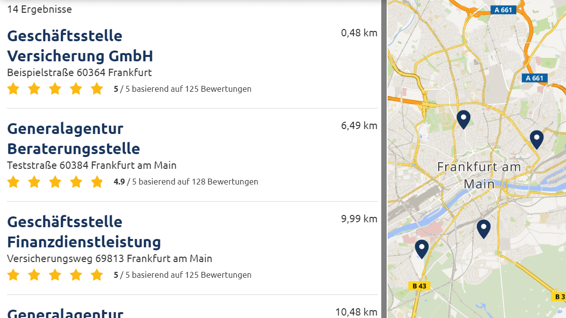 Bildschirmansicht eines exemplarischen Agenturfinders für Versicherungen mit einem Kartenausschnitt von Frankfurt am Main, Markierungen für verschiedene Standorte und einer Ergebnisleiste der angezeigten Standorte.