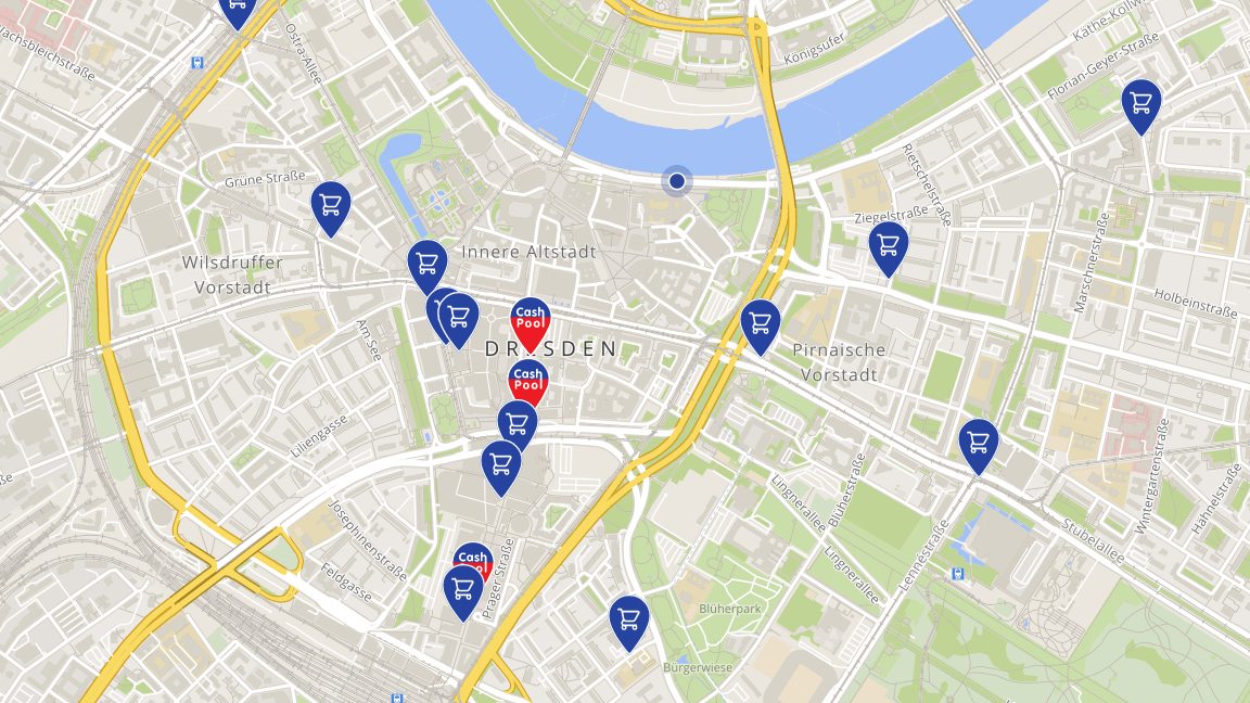 Bildschirmansicht des Store Locators des Unternehmens Cash Pool mit einem Kartenausschnitt von Dresden und Markierungen für verschiedene Standorte.