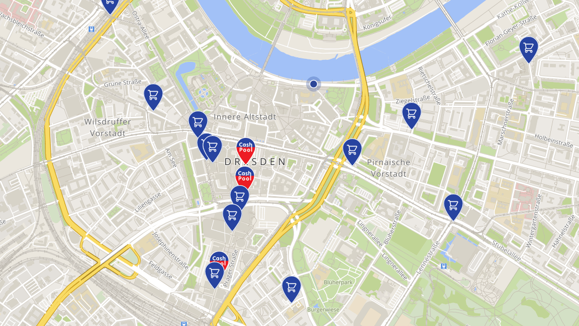 Screenshot Store Locator mit Kartenauszug von Dresden und Filial-/Händlerstandorten