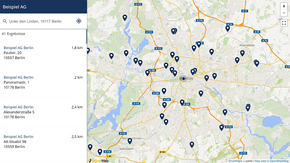 Bildschirmansicht eines exemplarischen Standortfinders für einen Kartenausschnitt von Berlin, Markierungen für verschiedene Standorte und einer seitlichen Ergebnisliste der angezeigten Standorte.