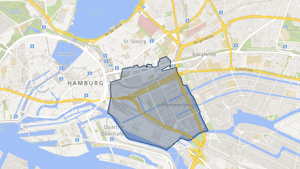 The map section of Hamburg shows the marked zip code area 20097, which is highlighted by the SmartMaps Area Service.