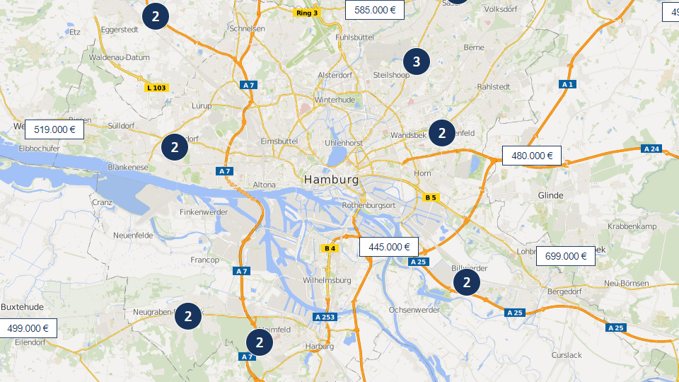 SmartMaps map section of Hamburg with several numbered locations and display windows showing rental prices in different parts of the city.