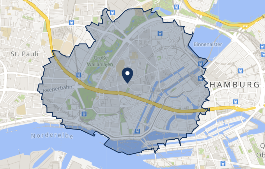 SmartMaps Kartenausschnitt von Hamburg mit einem eingefärbten Einzugsgebiet (Isochrone) um einen bestimmten Standort. 