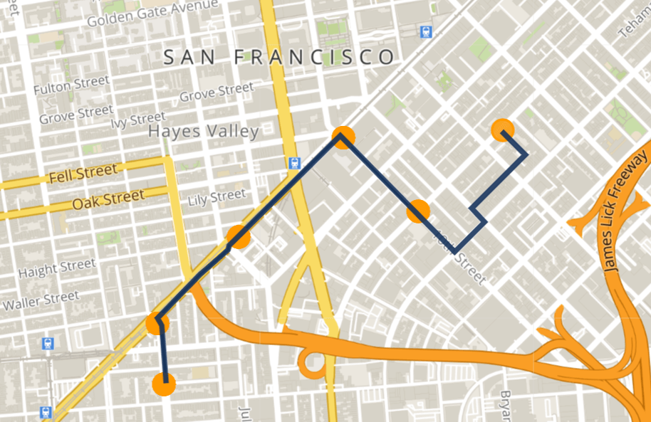 SmartMaps Kartenausschnitt von San Francisco mit den GPS-Tracks und der zurückgelegten Route eines Fahrzeugs. 