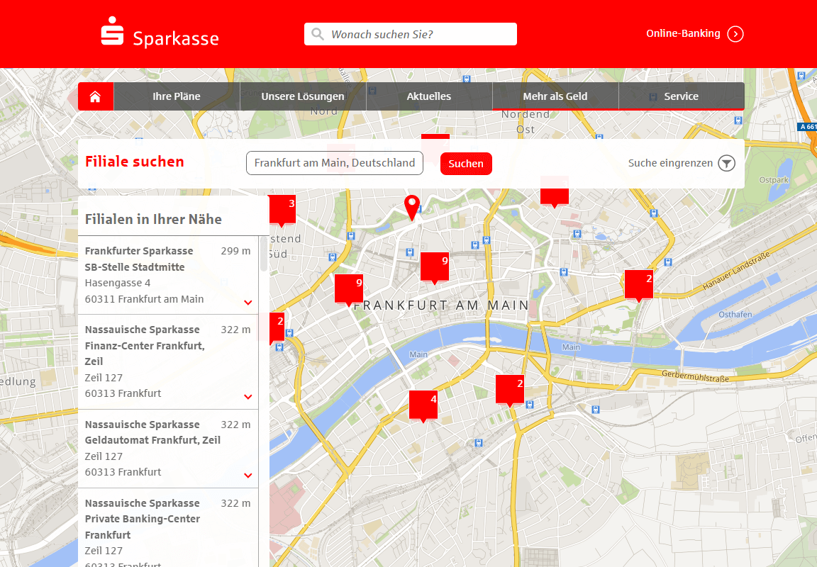Bildschirmansicht der Sparkassen-Filialsuche mit SmartMaps im Raum Frankfurt am Main, einschließlich einer Ergebnisliste gefundener Filialen.