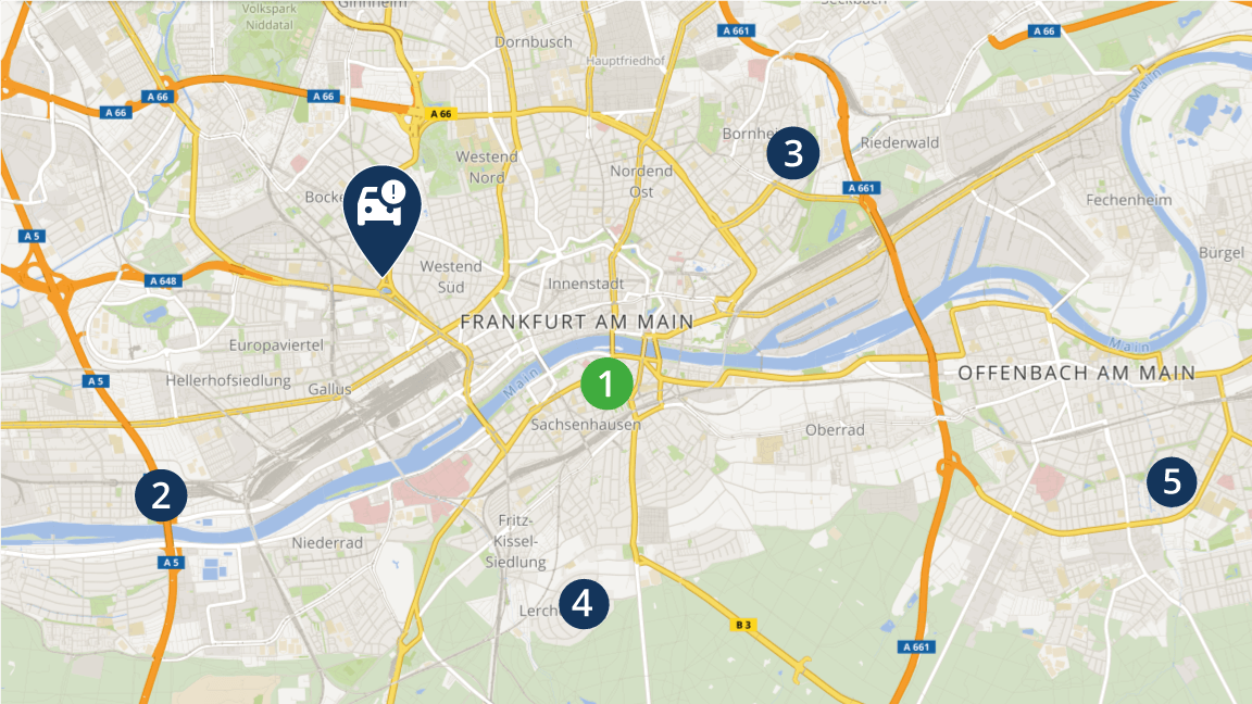 Bildschirmansicht eines Finders, der die nächstgelegenen Vertragspartner für Versicherungen im Raum Frankfurt am Main anzeigt, mit nummerierten Standorten.