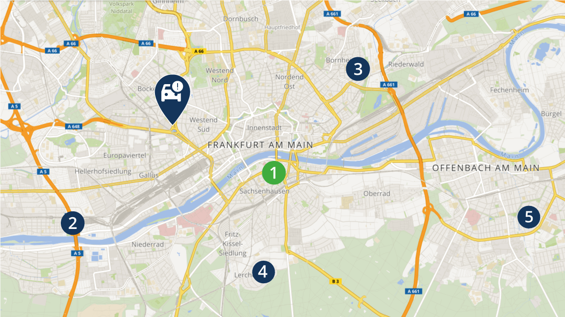 Screenshot Store Locator mit interaktive Karte  und Standorten von nächstgelegenen Vertragspartnern für Versicherungen am Beispiel Frankfurt a.M.