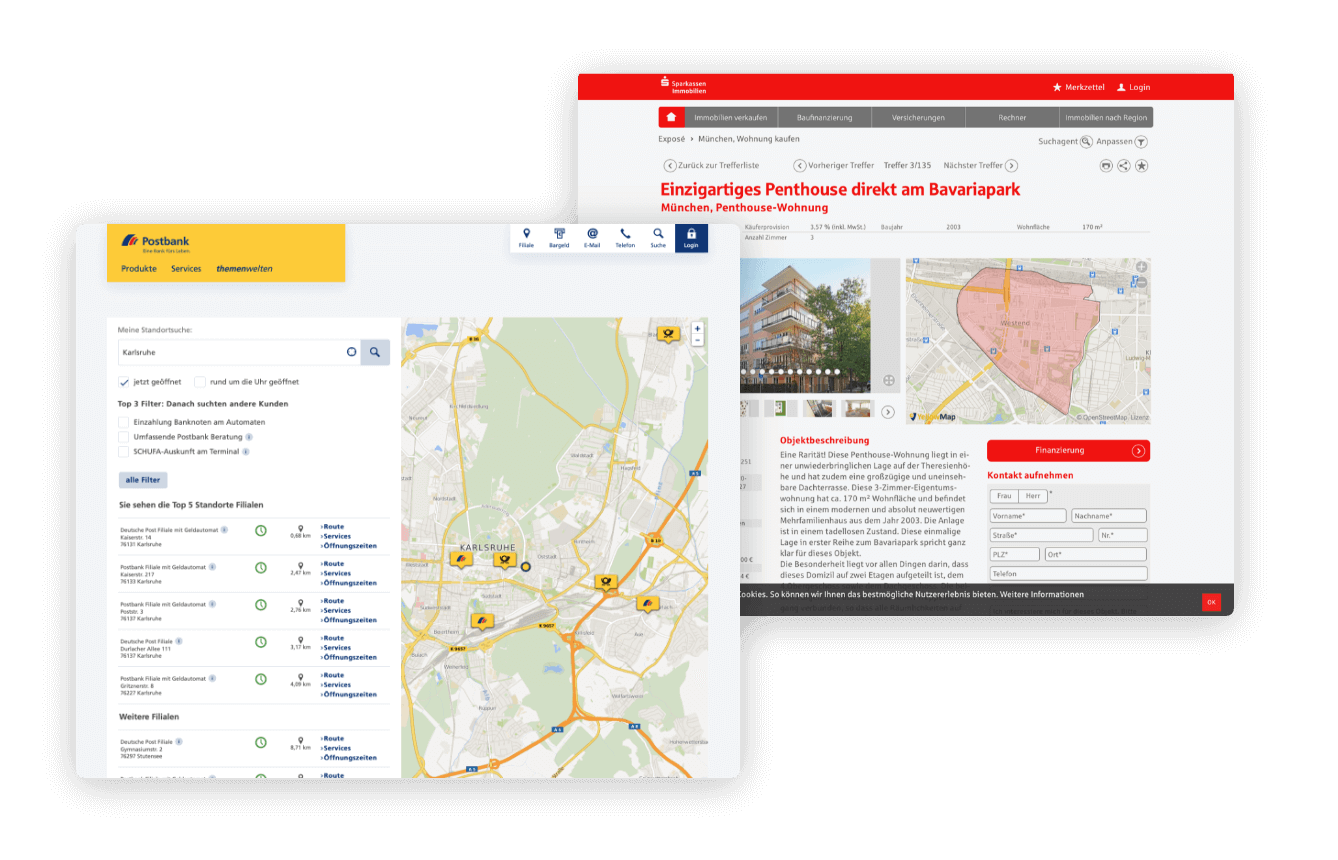 Bildschirmansicht zweier exemplarischer Filialsuchen. Links die Filialsuche der Postbank mit mehreren Standortmarkierungen. Rechts die Immobilienseite der Sparkasse mit einem hervorgehobenen Einzugsgebiet um eine Immobilie.