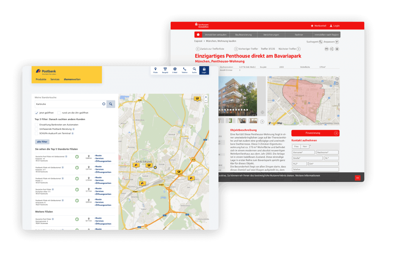 Screenshots verschiedener Anwendungen des Store Locators mit Karten-Pins und Flächenmarkierungen