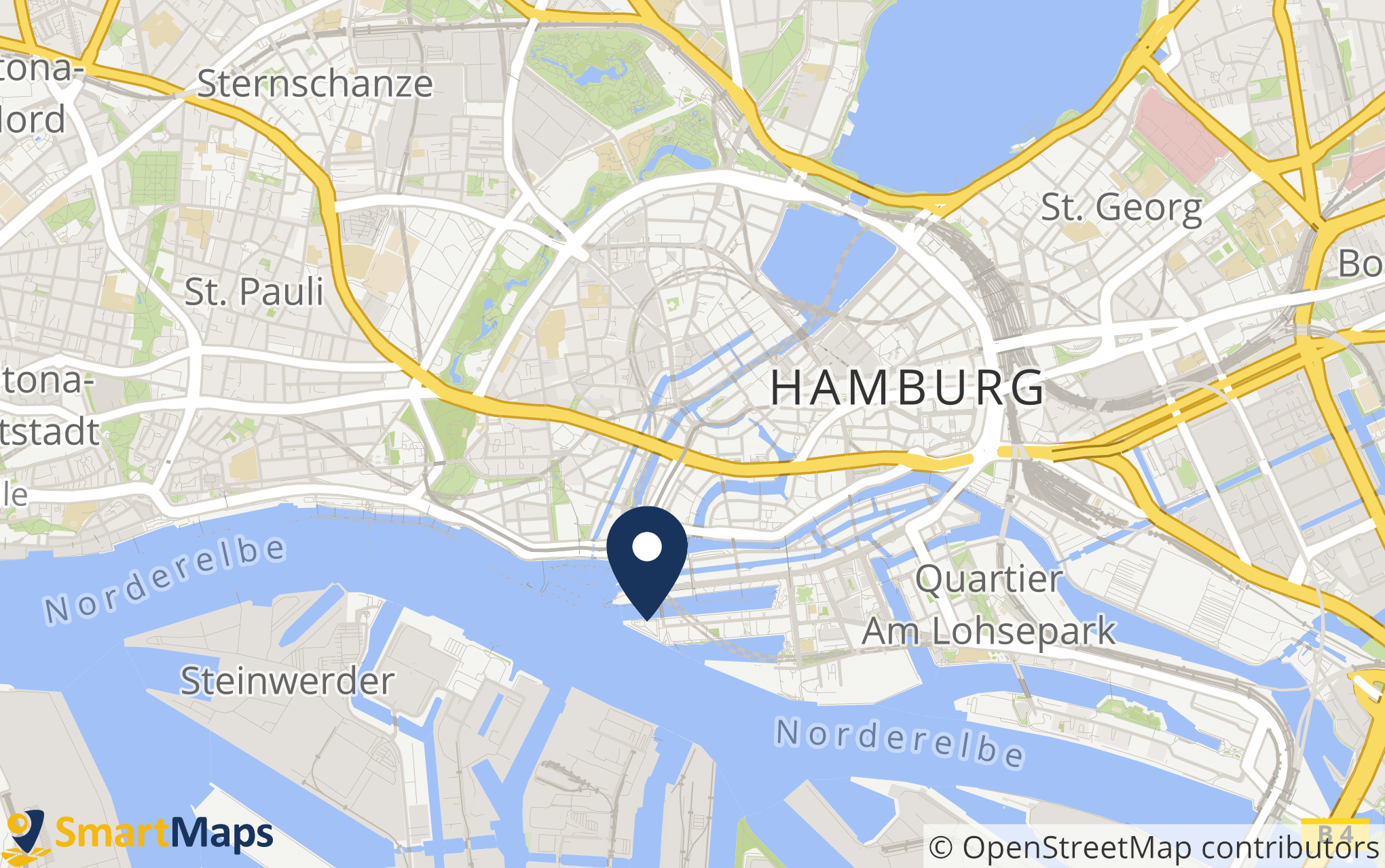 The image shows a SmartMaps map section in Hamburg with POIs in the harbour