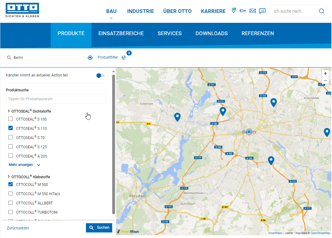 Bildschirmansicht einer mit SmartMaps entwickelten Händlersuche für die Firma OTTO Chemie mit Produktfilterfunktion und gefundenen Händlern für die ausgewählten Produkte im Raum Berlin.
