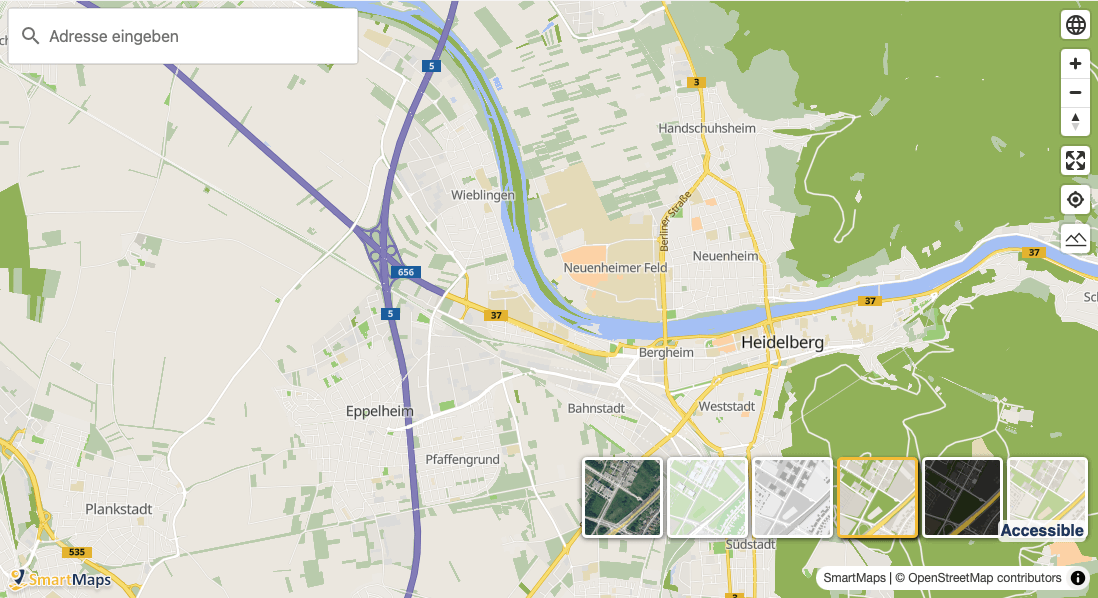 SmartMaps Kartenausschnitt der Stadt Heidelberg im barrierefreien „Accessible“-Kartenstil mit verschiedenen Bedienelementen und einer Übersicht der verfügbaren Kartenstile.