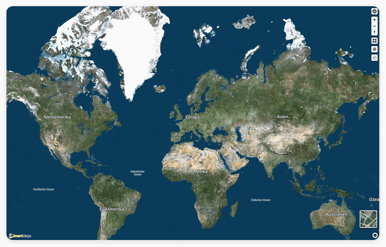 Bildschirmansicht mit Navigationselementen der Welt als Satellitenbild  von SmartMaps 