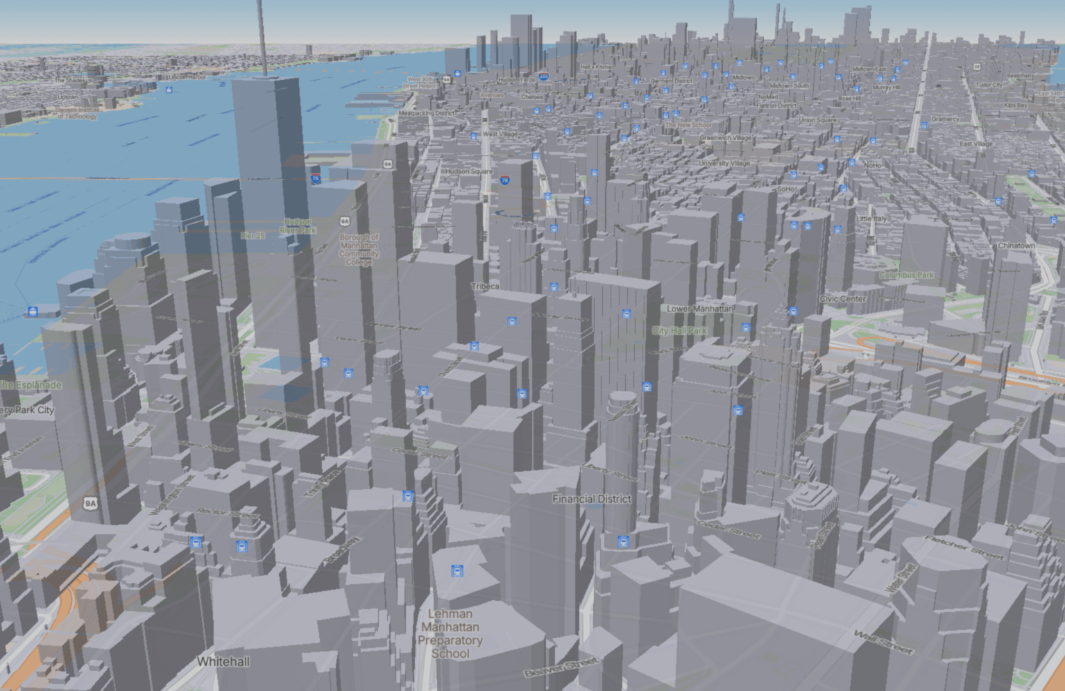 SmartMaps Kartenausschnitt von New York mit 3D Gebäuden.