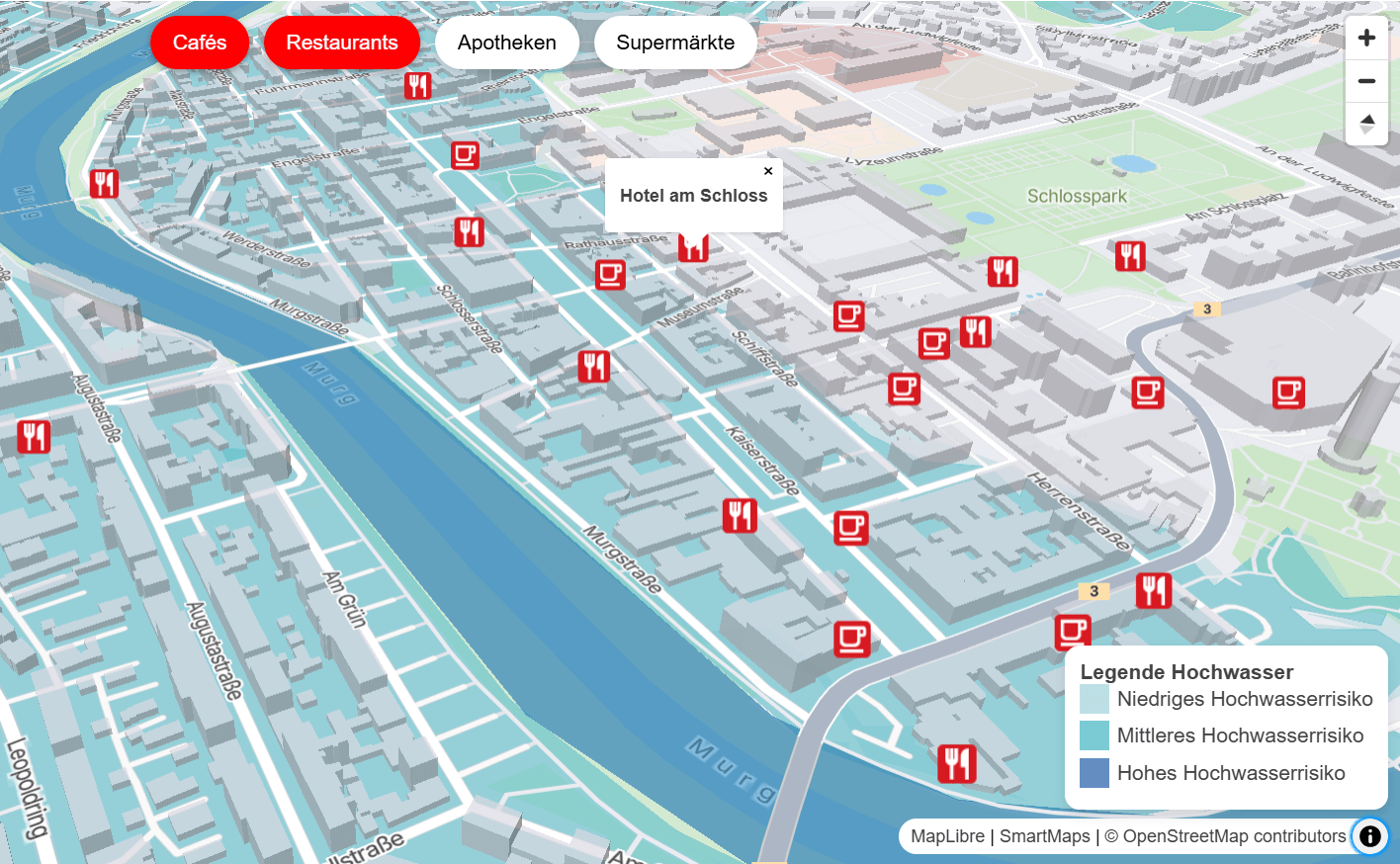 Bildschirmansicht mit verschiedenen POIs wie Restaurants, Cafés, Apotheken und dargestellten Hochwassergebieten für einen wichtigen und schnellen  Überblick 
