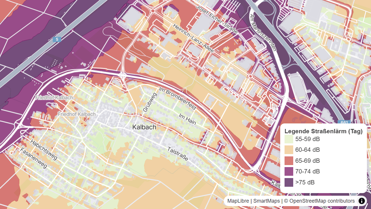 Interaktive SmartMaps Karte der Stadt Kalbach mit farblich markierten Gebieten, die den Straßenlärm bei Tag anzeigen.