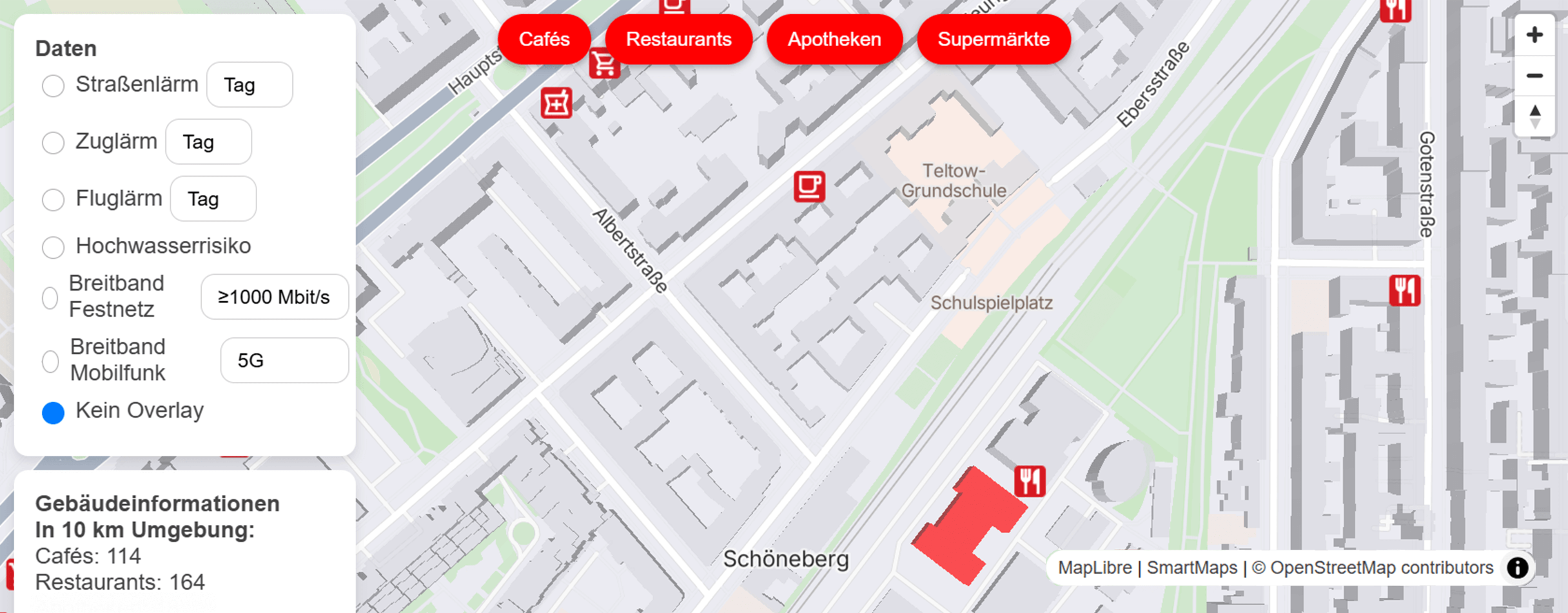 Interaktive SmartMaps Karte des Berliner Stadtteils Schöneberg mit markierten Standorten verschiedener Einkaufsmöglichkeiten und Informationen zu einem ausgewählten Gebäude.