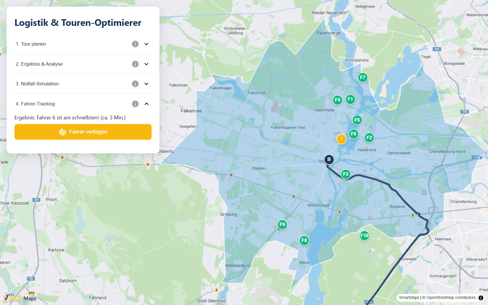 Interaktive SmartMaps-Karte mit den Live-Standorten einer Flotte von Lieferfahrzeugen im Berliner Stadtteil Spandau.