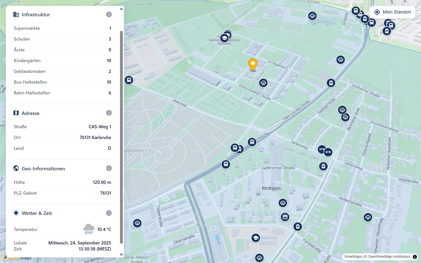 SmartMaps-Kartenausschnitt einer Standortanalyse mit einem Analyse-Dashboard, das alle gefundenen Informationen zum gewählten Standort enthält.