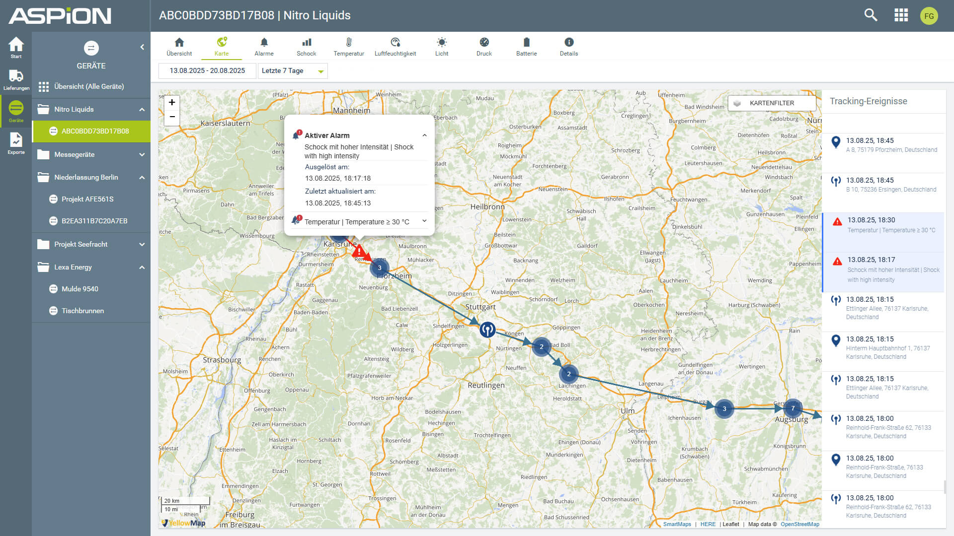 Interaktiver SmartMaps-Kartenausschnitt der Stadt Interlaken mit einem animierten Pfad einer Wanderroute, einem Diagramm, das die Höhenentwicklung entlang des Pfades zeigt, sowie einem Dialogfenster, das Informationen zu den Stationen der Route darstellt.