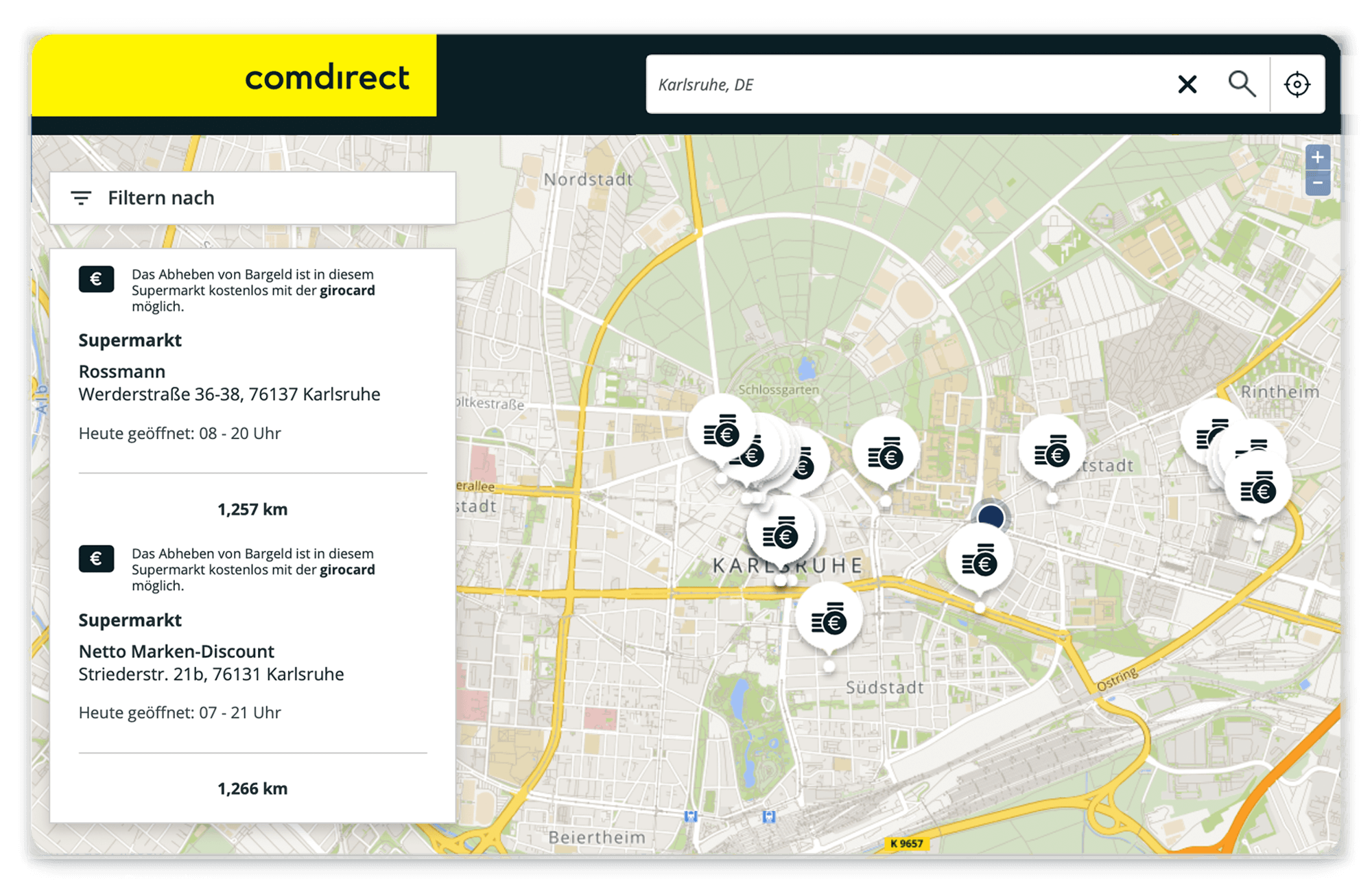 Bildschirmansicht der Filialfinder-Lösung des Unternehmens Comdirect mit individuellen Filtermöglichkeiten und gefundenen Ergebnissen für Karlsruhe.