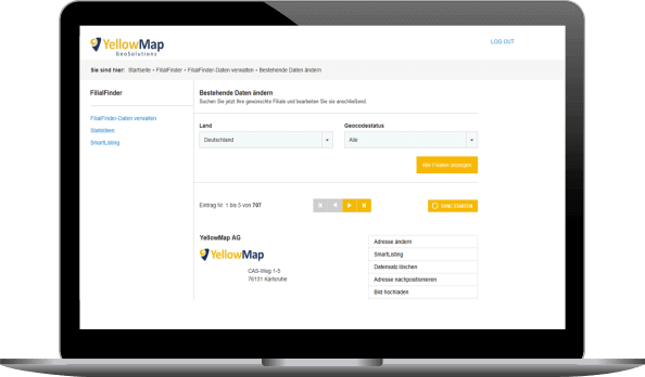 Laptop-Desktop mit dem Location CMS von YellowMap.