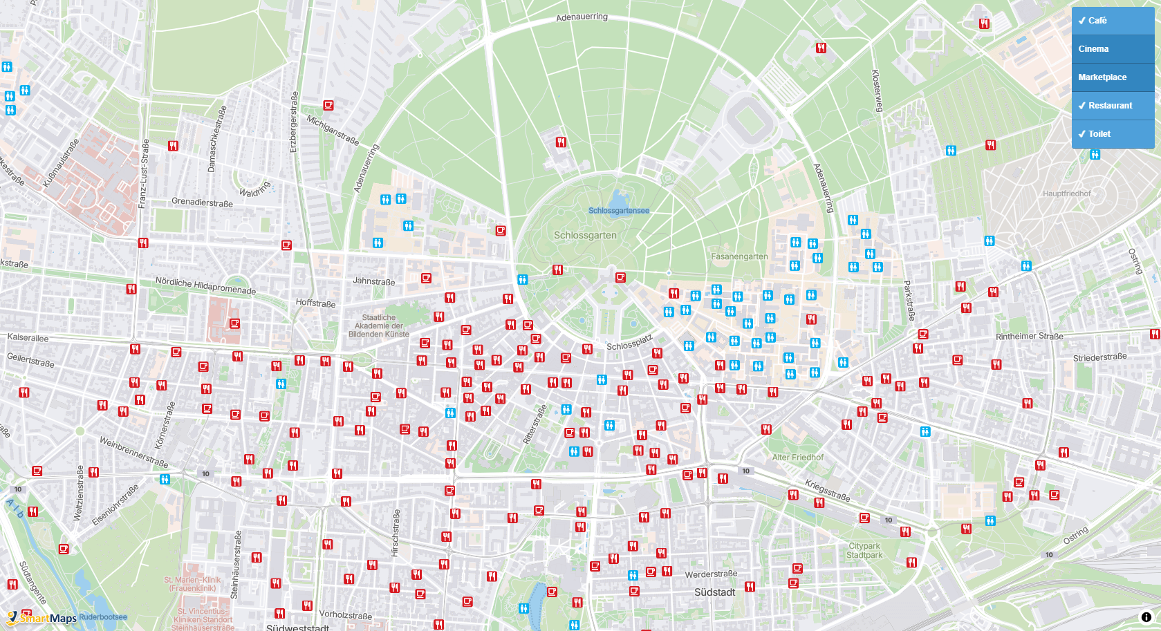 SmartMaps Kartenausschnitt von Karlsruhe mit verschiedenen eingeblendeten Points of Interest.