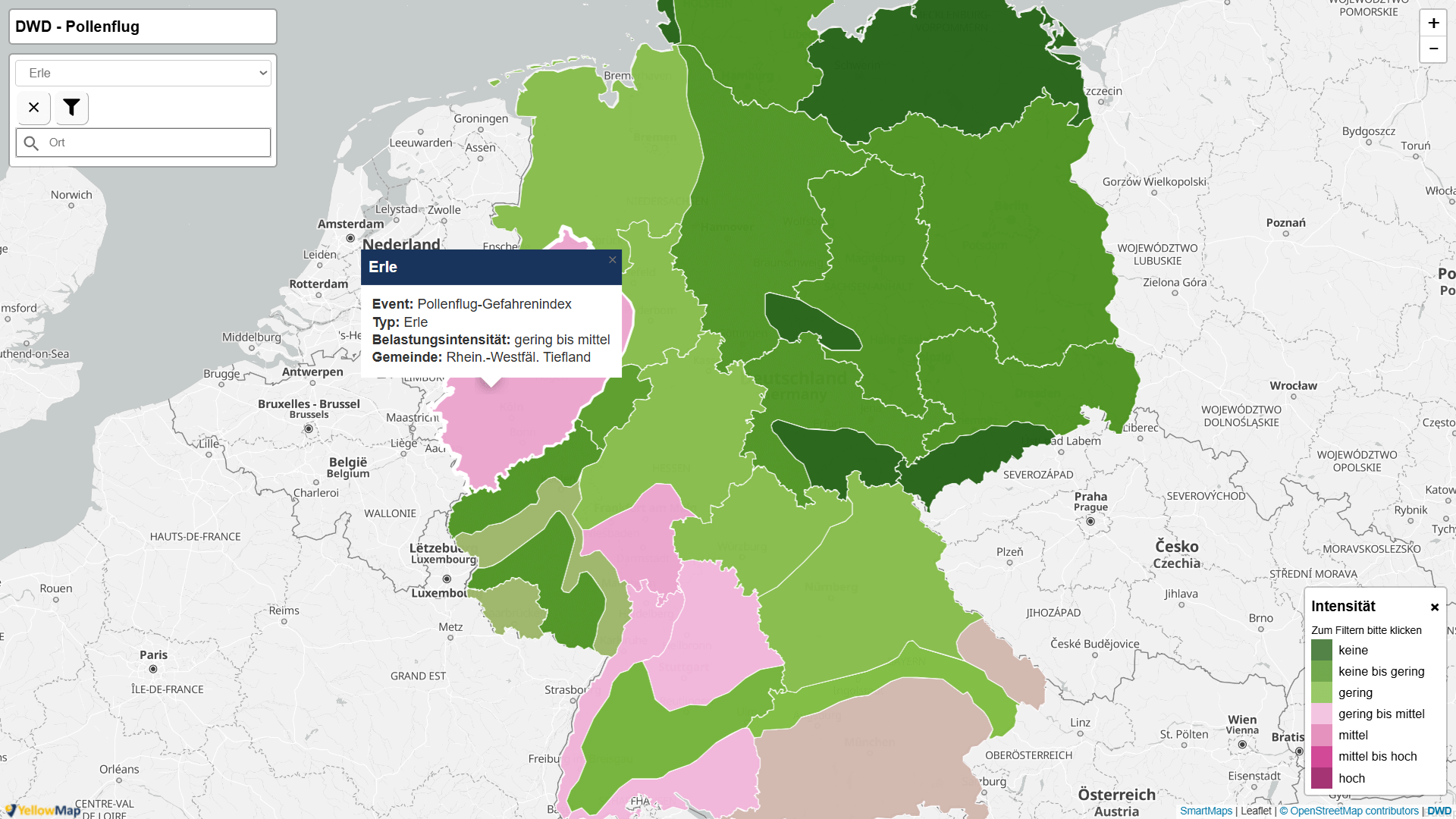 Interaktive SmartMaps Karte der Stadt Rastatt mit farblich markierten Hochwasserrisikogebieten entlang der Murg sowie Standortsymbolen für Cafés und Restaurants.