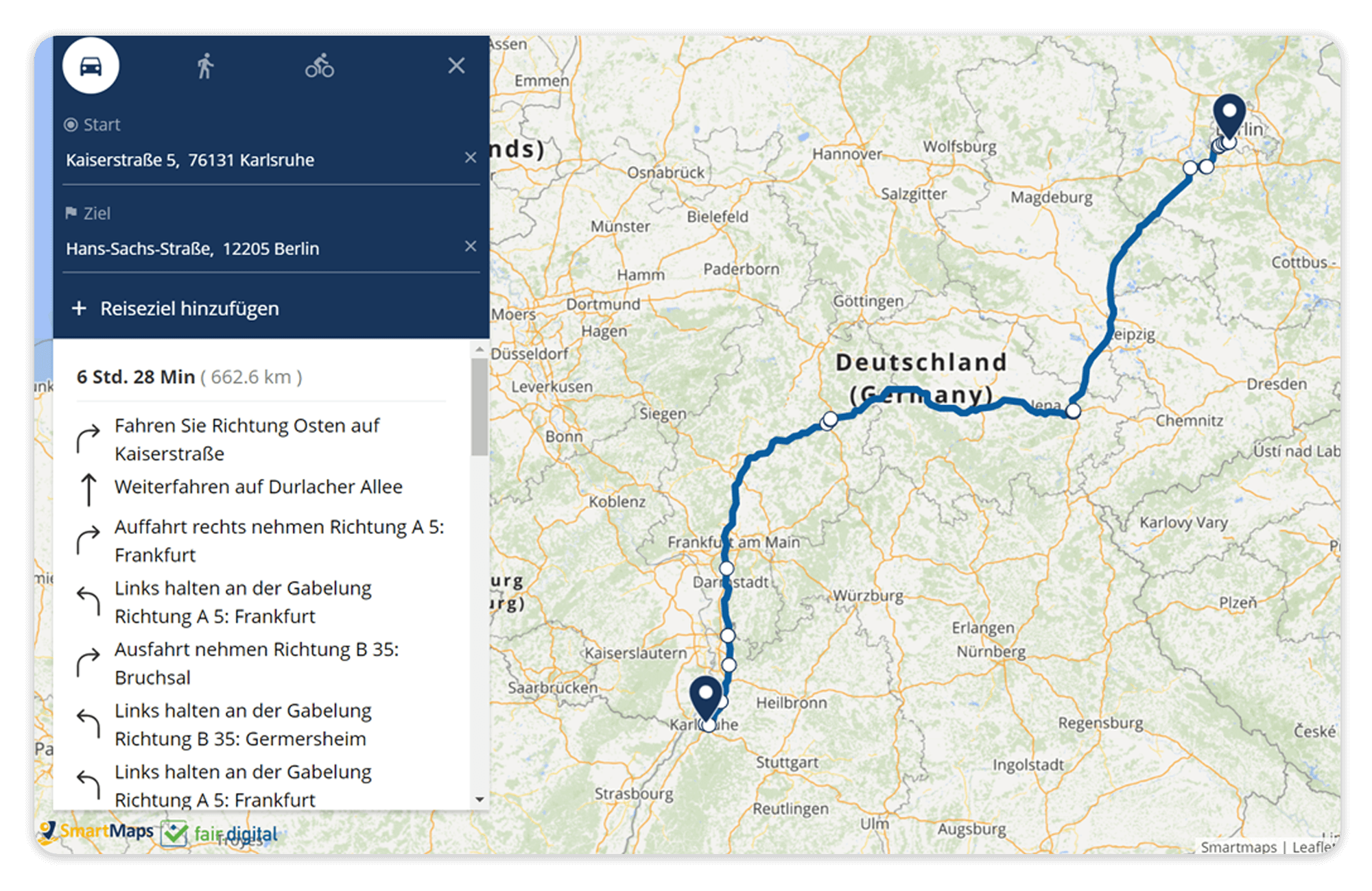 Ein exemplarisches SmartMaps-Routing von Karlsruhe nach Berlin mit ausführlich beschriebener Routenführung.