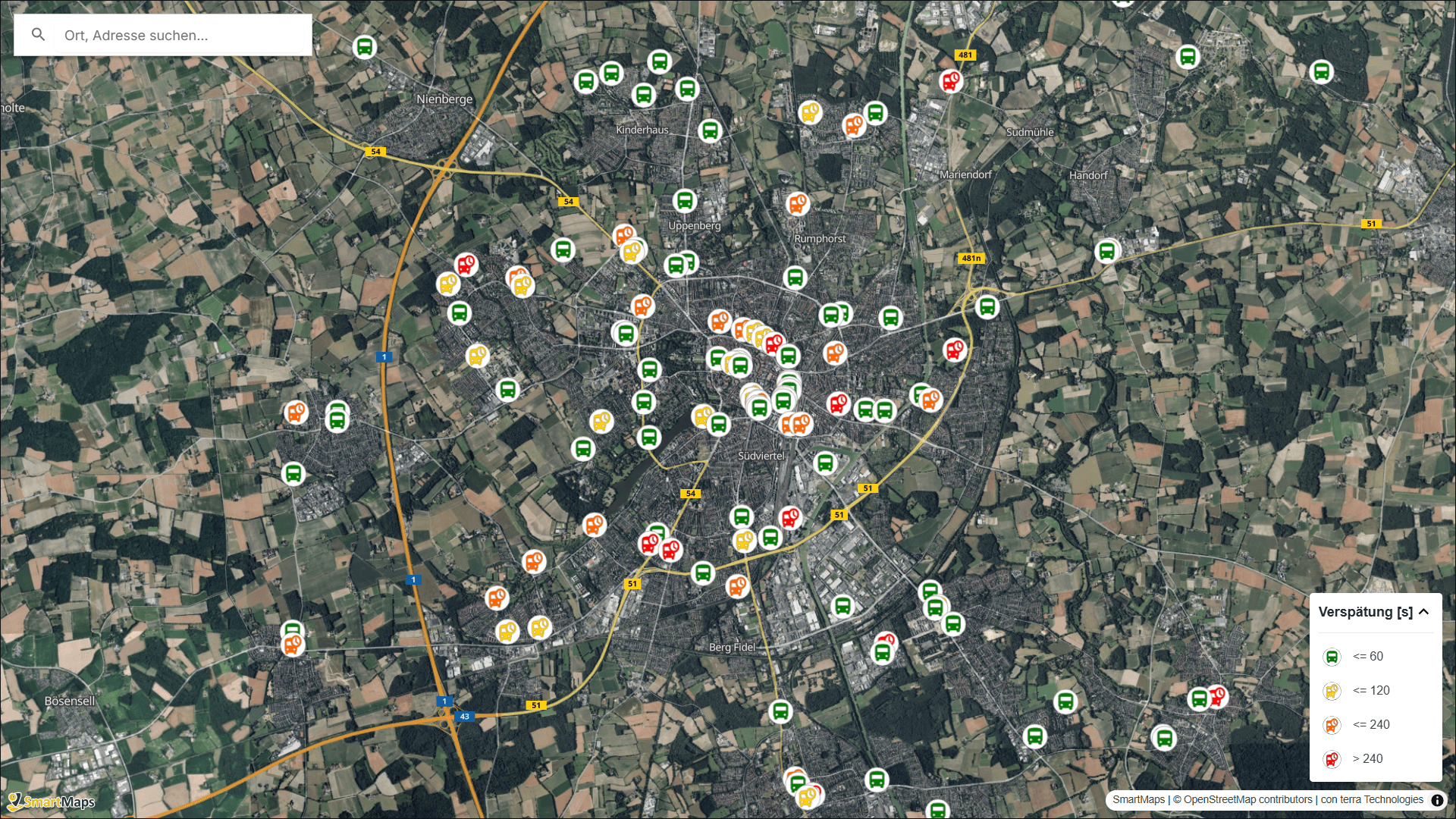 Interaktive SmartMaps Karte von Münster mit Live-Tracking von Bussen.