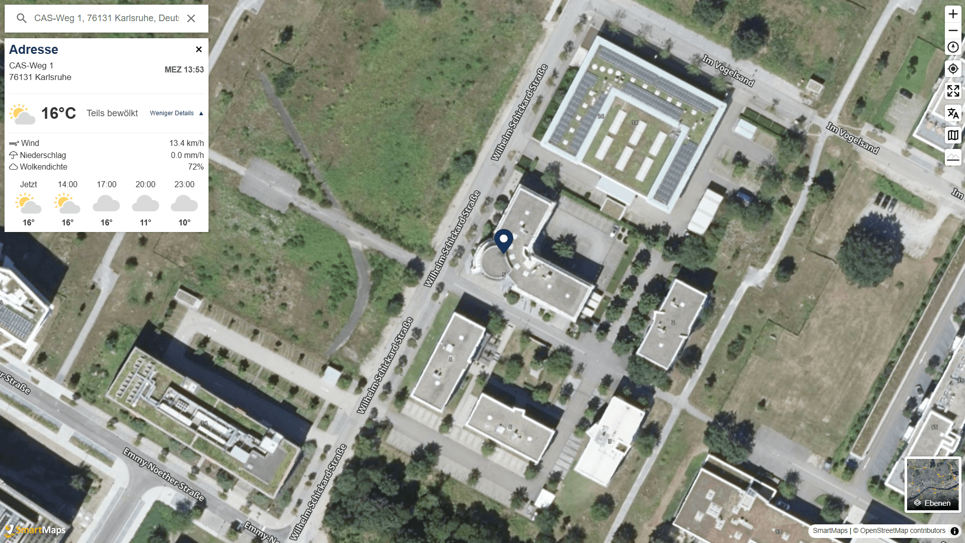 SmartMaps Kartenausschnitt von Karlsruhe mit den aktuellen Wetterinformationen für einen ausgewählten Standort.