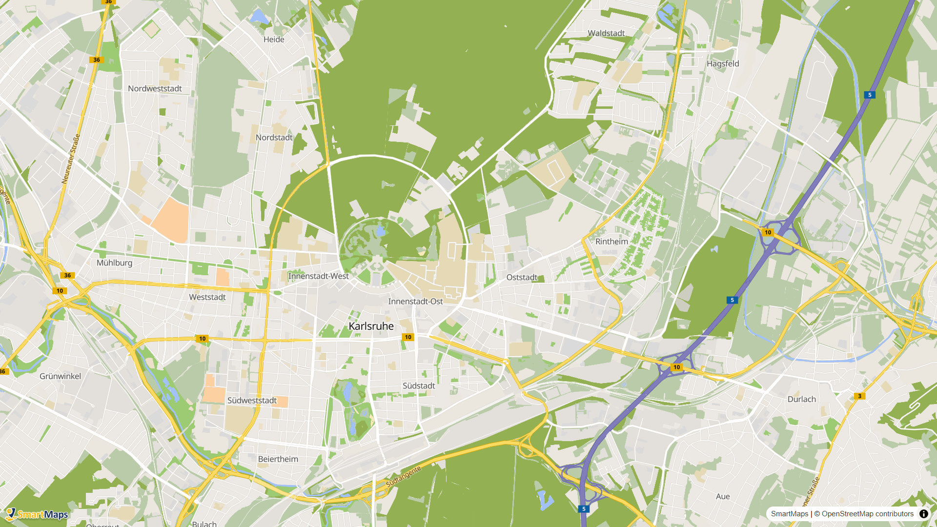 SmartMaps Kartenausschnitt von Karlsruhe im barrierefreien Kartenstil.