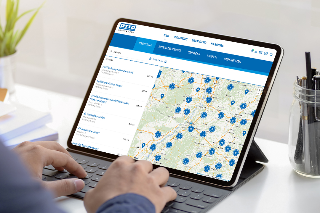 Eine Person nutzt auf einem Tablet die mit SmartMaps umgesetzte Fachhändlersuche des Unternehmens OTTO-Chemie.
