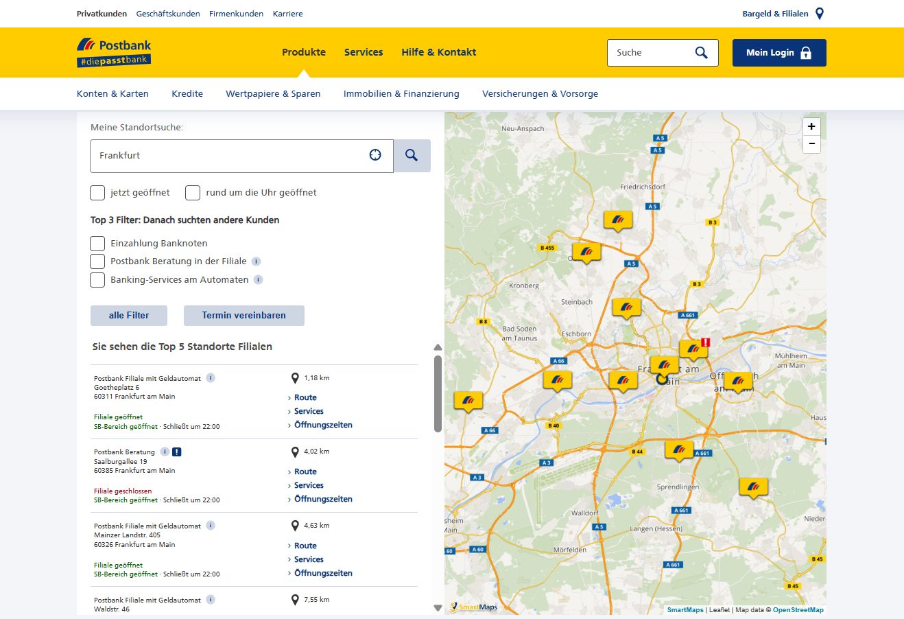 Bildschirmansicht einer SmartMaps Filialsuche der Postbank im Kartenausschnitt von Frankfurt und Ergebnisliste der gefundenen Standorte.